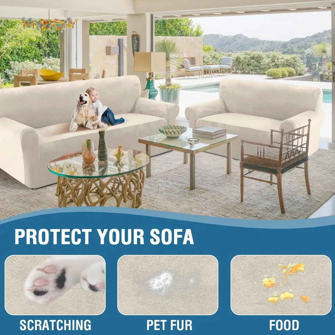 H.VERSAILTEX Stretch Velvet Couch Cover 2 Pieces Set Include 1 Piece Sofa Cover Couch Cover and 1 Piece Loveseat Cover Slipcover Crafted from Thick Comfy Rich Velour (Sofa   Loveseat,Ivory)