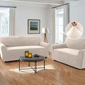 H.VERSAILTEX Stretch Velvet Couch Cover 2 Pieces Set Include 1 Piece Sofa Cover Couch Cover and 1 Piece Loveseat Cover Slipcover Crafted from Thick Comfy Rich Velour (Sofa   Loveseat,Ivory)