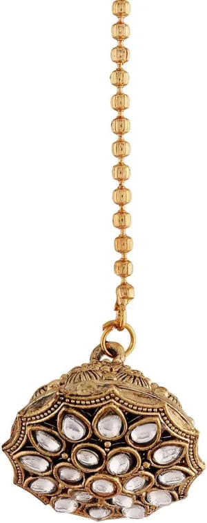 I Jewels Gold Plated Rajasthani/Rajputi Kundan Pearl Studded Borla Matha Patti Maang Tikka for Women