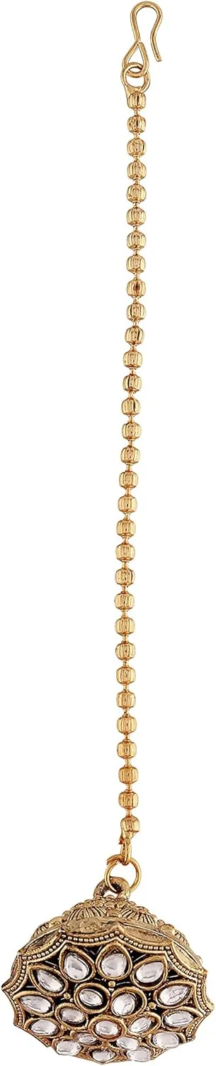 I Jewels Gold Plated Rajasthani/Rajputi Kundan Pearl Studded Borla Matha Patti Maang Tikka for Women