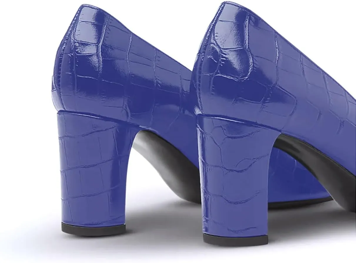 iadore Women Retro Chunky High Heel Shoes Fashion Round Toe Crocodile Pattern Slip on Comfortable Dress Pumps Size 5-12 US