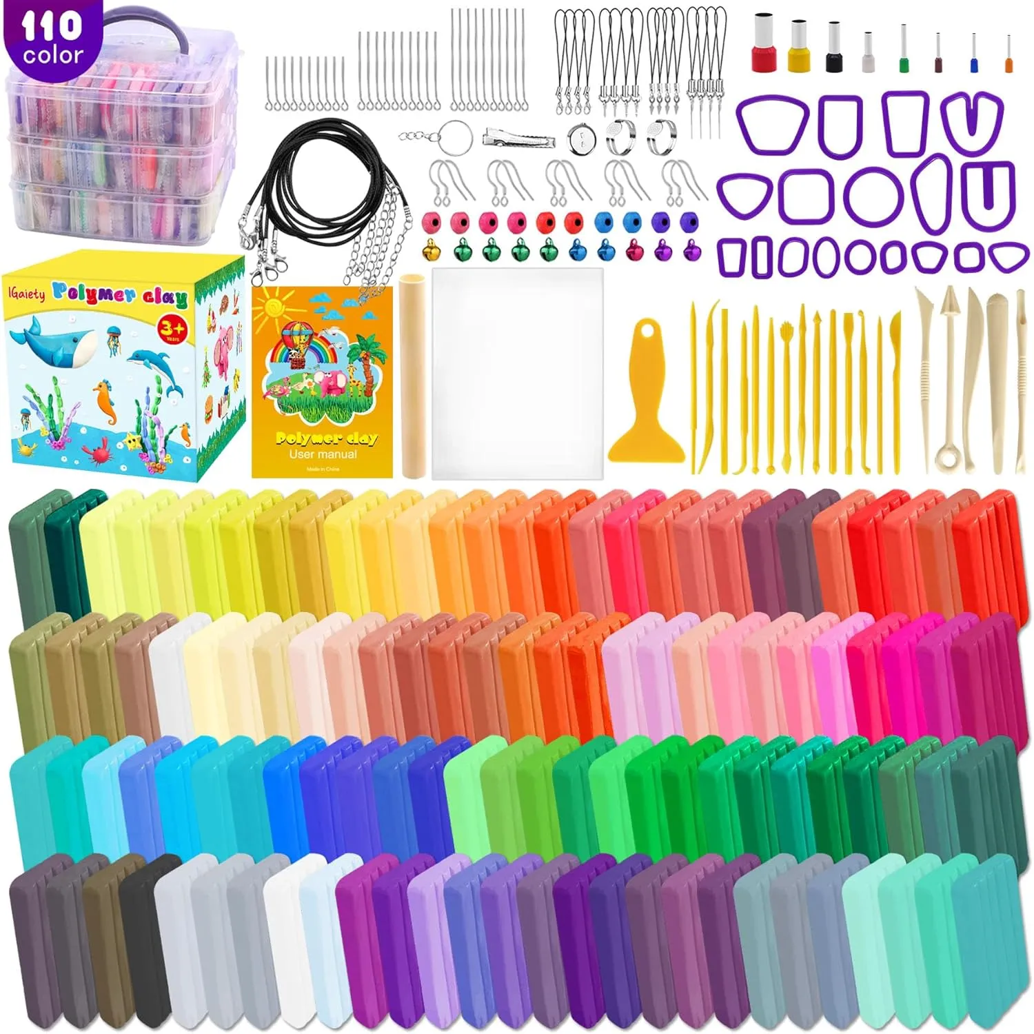 IGaiety Polymer Clay 110 Colors DIY Baking Modeling Craft Clay with Sculpting Tools and Accessories 245 Pcs Non-Toxic Ideal Gift for Beginner Adults Kids Jewelry Making