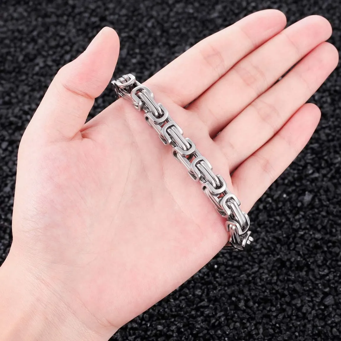 INBLUE 8mm Wide 316L Stainless Steel Bracelet Byzantine Link Chain Bracelet for Men Women Water Resistance (5 Colors - Silver Black Gold Silver and Silver and Gold, 4 Lengths - 7.5" 8" 8.5" 9")