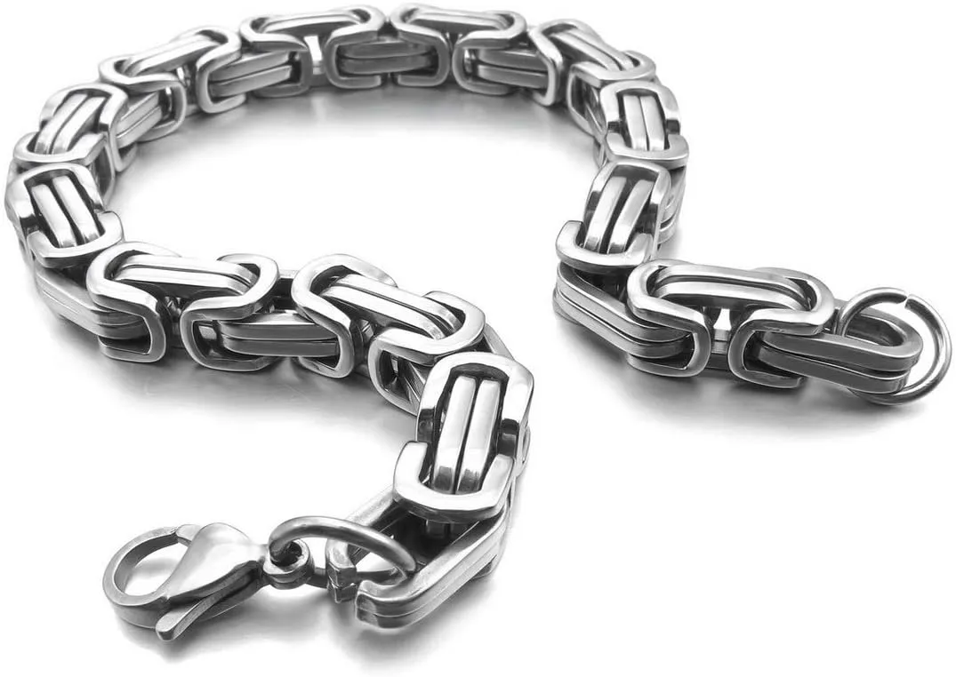 INBLUE 8mm Wide 316L Stainless Steel Bracelet Byzantine Link Chain Bracelet for Men Women Water Resistance (5 Colors - Silver Black Gold Silver and Silver and Gold, 4 Lengths - 7.5" 8" 8.5" 9")