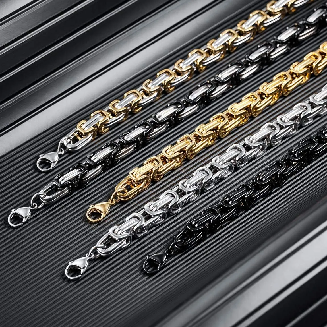 INBLUE 8mm Wide 316L Stainless Steel Bracelet Byzantine Link Chain Bracelet for Men Women Water Resistance (5 Colors - Silver Black Gold Silver and Silver and Gold, 4 Lengths - 7.5" 8" 8.5" 9")