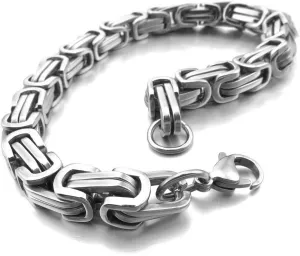 INBLUE 8mm Wide 316L Stainless Steel Bracelet Byzantine Link Chain Bracelet for Men Women Water Resistance (5 Colors - Silver Black Gold Silver and Silver and Gold, 4 Lengths - 7.5" 8" 8.5" 9")