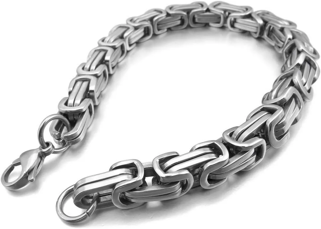 INBLUE 8mm Wide 316L Stainless Steel Bracelet Byzantine Link Chain Bracelet for Men Women Water Resistance (5 Colors - Silver Black Gold Silver and Silver and Gold, 4 Lengths - 7.5" 8" 8.5" 9")
