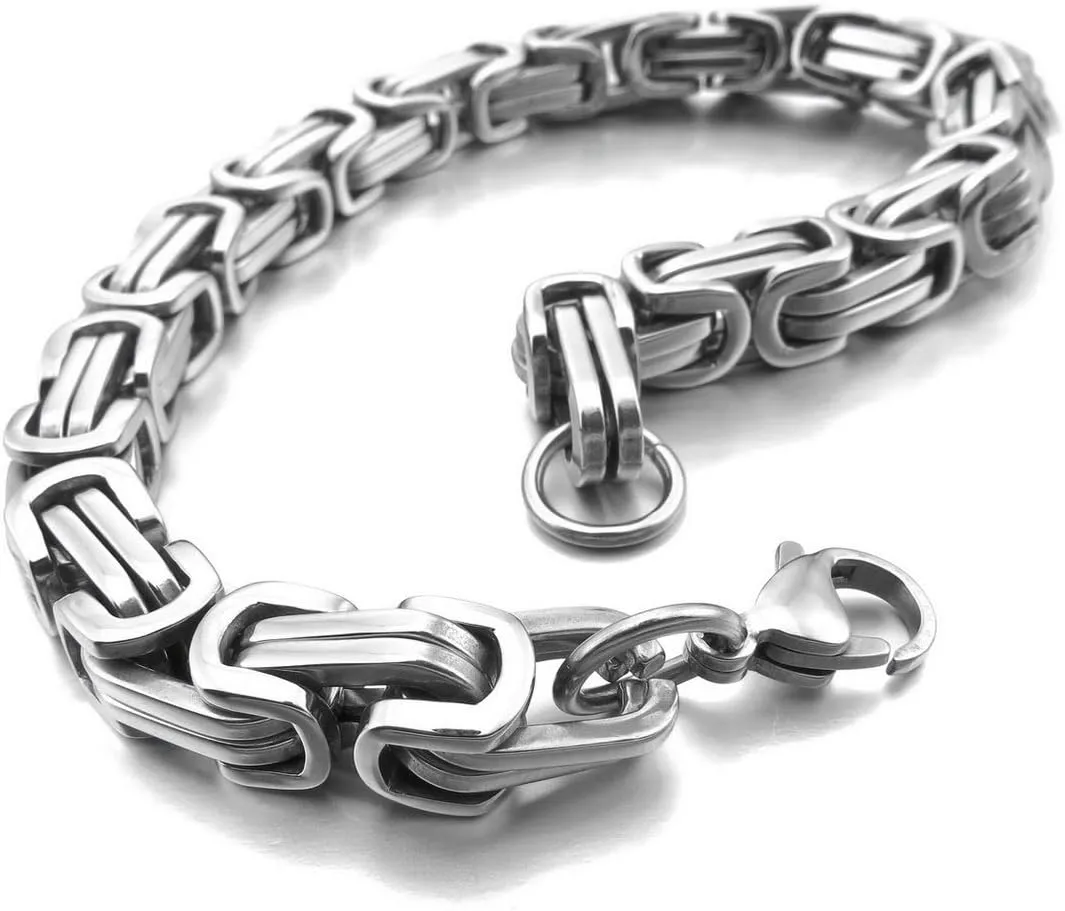 INBLUE 8mm Wide 316L Stainless Steel Bracelet Byzantine Link Chain Bracelet for Men Women Water Resistance (5 Colors - Silver Black Gold Silver and Silver and Gold, 4 Lengths - 7.5" 8" 8.5" 9")