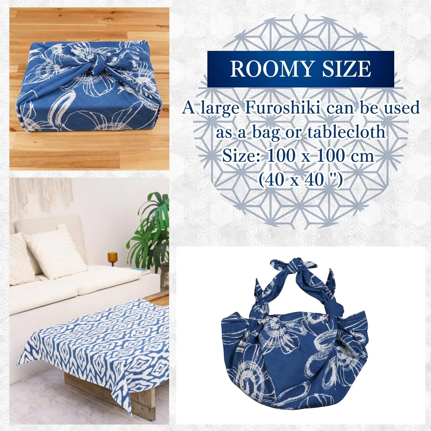 Indigo-Dyed Furoshiki Wrapping Cloth Grocery Eco Bag Modern Japanese Reusable Wrap Cotton 100%