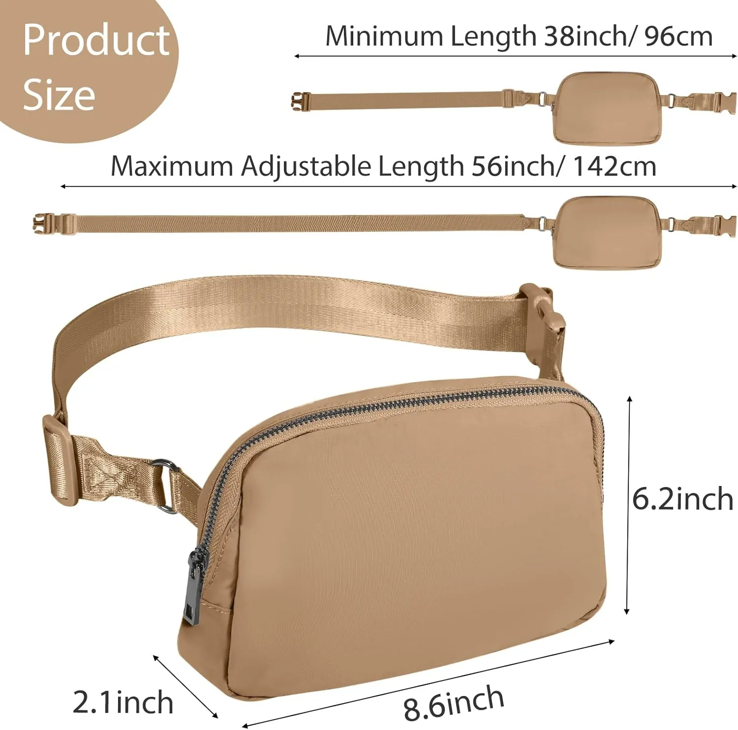 INTINI Everywhere Belt Bag – Large, Crossbody Fanny Pack Women 56 Inch Plus Size Waist Cross Body Fashion (Camel)