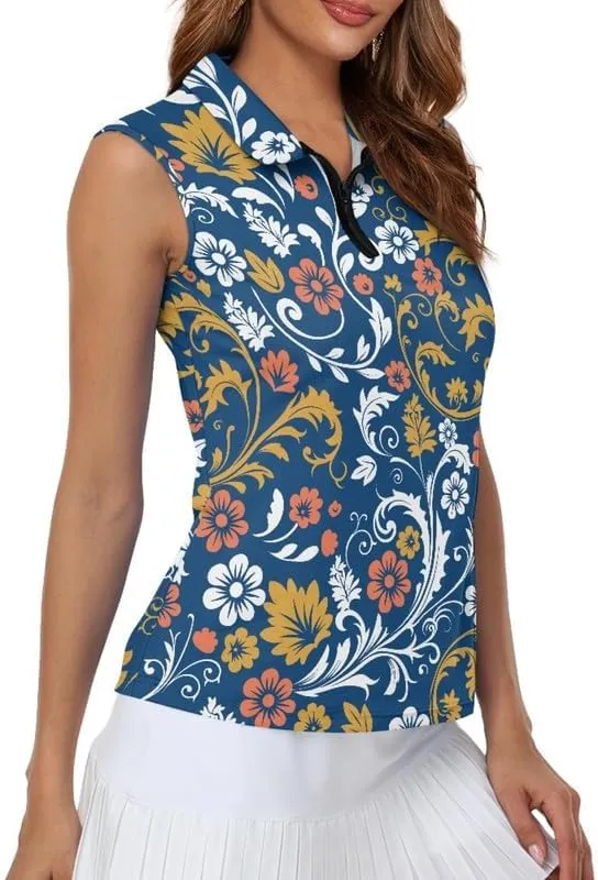 Irisjudy 1/4 Zip Up Tennis Golf T-Shirts for Women Novelty Animals Floral Lightweight Sleeveless Collared Tank Top Quick Dry