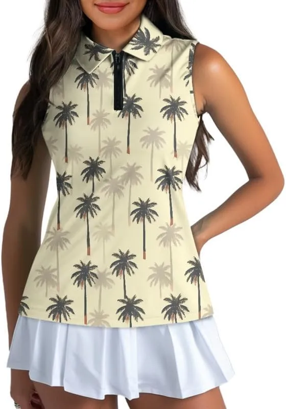 Irisjudy 1/4 Zip Up Tennis Golf T-Shirts for Women Novelty Animals Floral Lightweight Sleeveless Collared Tank Top Quick Dry