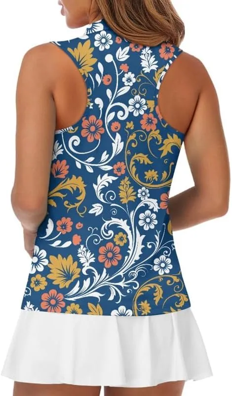 Irisjudy 1/4 Zip Up Tennis Golf T-Shirts for Women Novelty Animals Floral Lightweight Sleeveless Collared Tank Top Quick Dry