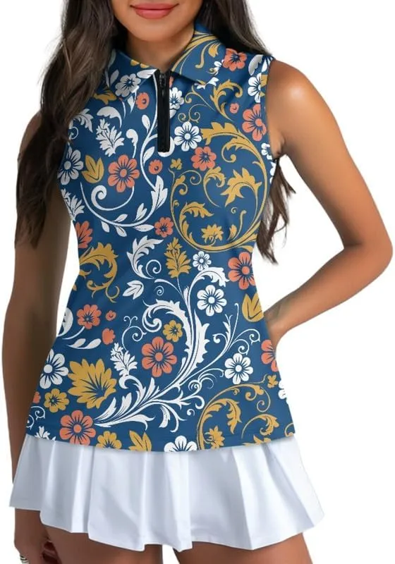 Irisjudy 1/4 Zip Up Tennis Golf T-Shirts for Women Novelty Animals Floral Lightweight Sleeveless Collared Tank Top Quick Dry