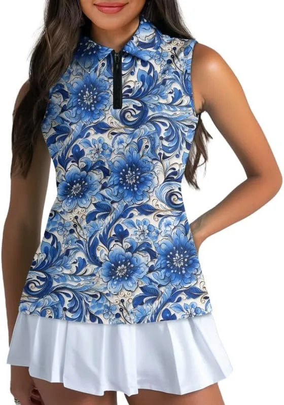 Irisjudy Color Hawaii Women Golf Polo Shirts Stars Stripes Sleeveless Workout Tops Neon Aurora Half Zipper Neck Tennis Shirts