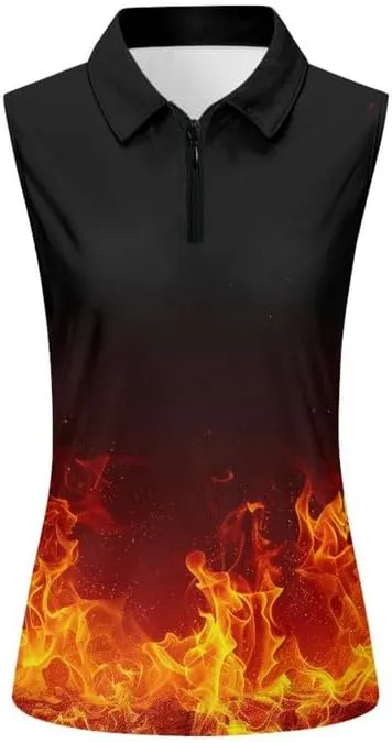Irisjudy Color Hawaii Women Golf Polo Shirts Stars Stripes Sleeveless Workout Tops Neon Aurora Half Zipper Neck Tennis Shirts