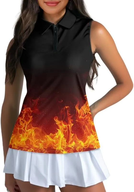 Irisjudy Color Hawaii Women Golf Polo Shirts Stars Stripes Sleeveless Workout Tops Neon Aurora Half Zipper Neck Tennis Shirts
