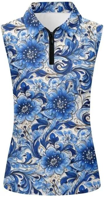 Irisjudy Color Hawaii Women Golf Polo Shirts Stars Stripes Sleeveless Workout Tops Neon Aurora Half Zipper Neck Tennis Shirts