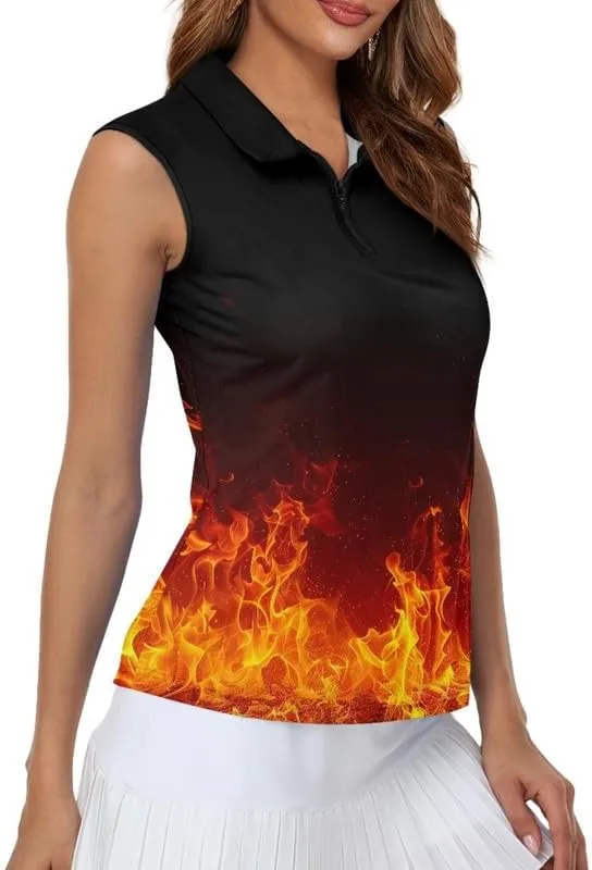 Irisjudy Color Hawaii Women Golf Polo Shirts Stars Stripes Sleeveless Workout Tops Neon Aurora Half Zipper Neck Tennis Shirts