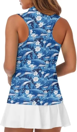 Irisjudy Women Golf Tank Tops Sea Turtle Totem Sleeveless Quarter Zip Workout Tennis T-Shirts Pink Fires Athletic Polo Shirts
