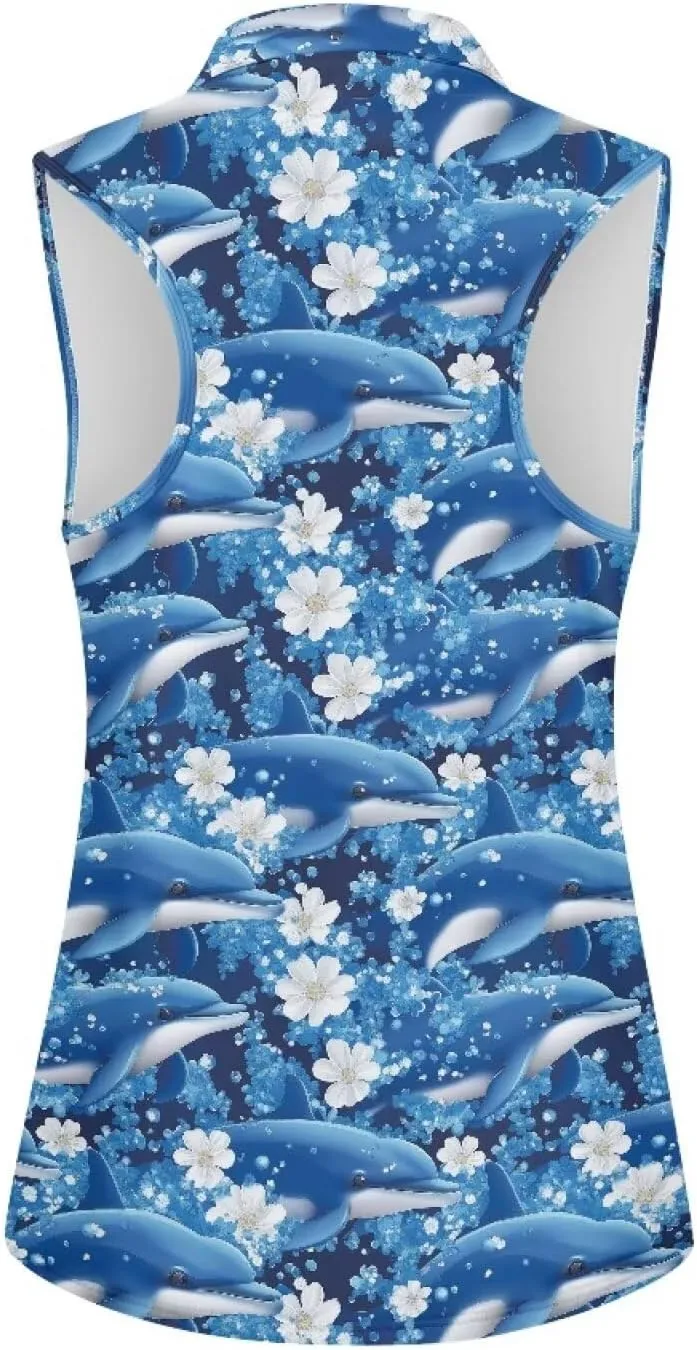 Irisjudy Women Golf Tank Tops Sea Turtle Totem Sleeveless Quarter Zip Workout Tennis T-Shirts Pink Fires Athletic Polo Shirts