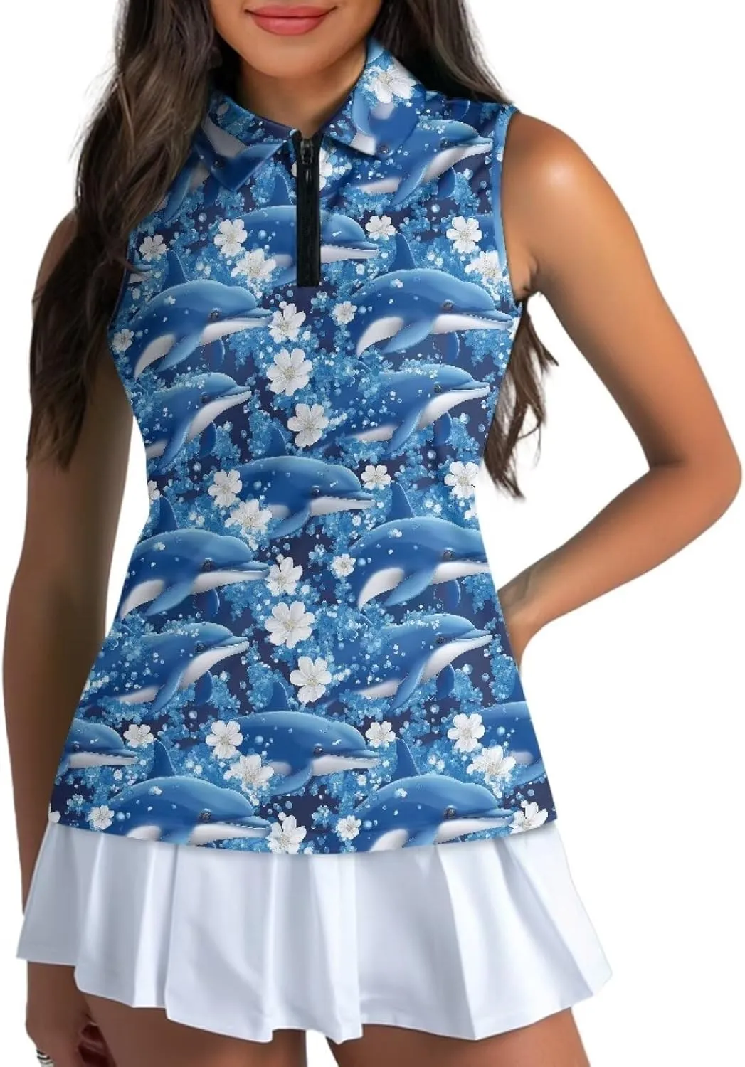 Irisjudy Women Golf Tank Tops Sea Turtle Totem Sleeveless Quarter Zip Workout Tennis T-Shirts Pink Fires Athletic Polo Shirts