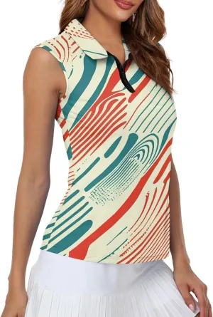 Irisjudy Women Sleeveless Golf Polo Shirts Pink Sea Turtle Quick Dry V Neck Tennis Tops Retro Flower Bird Zip Workout Shirts