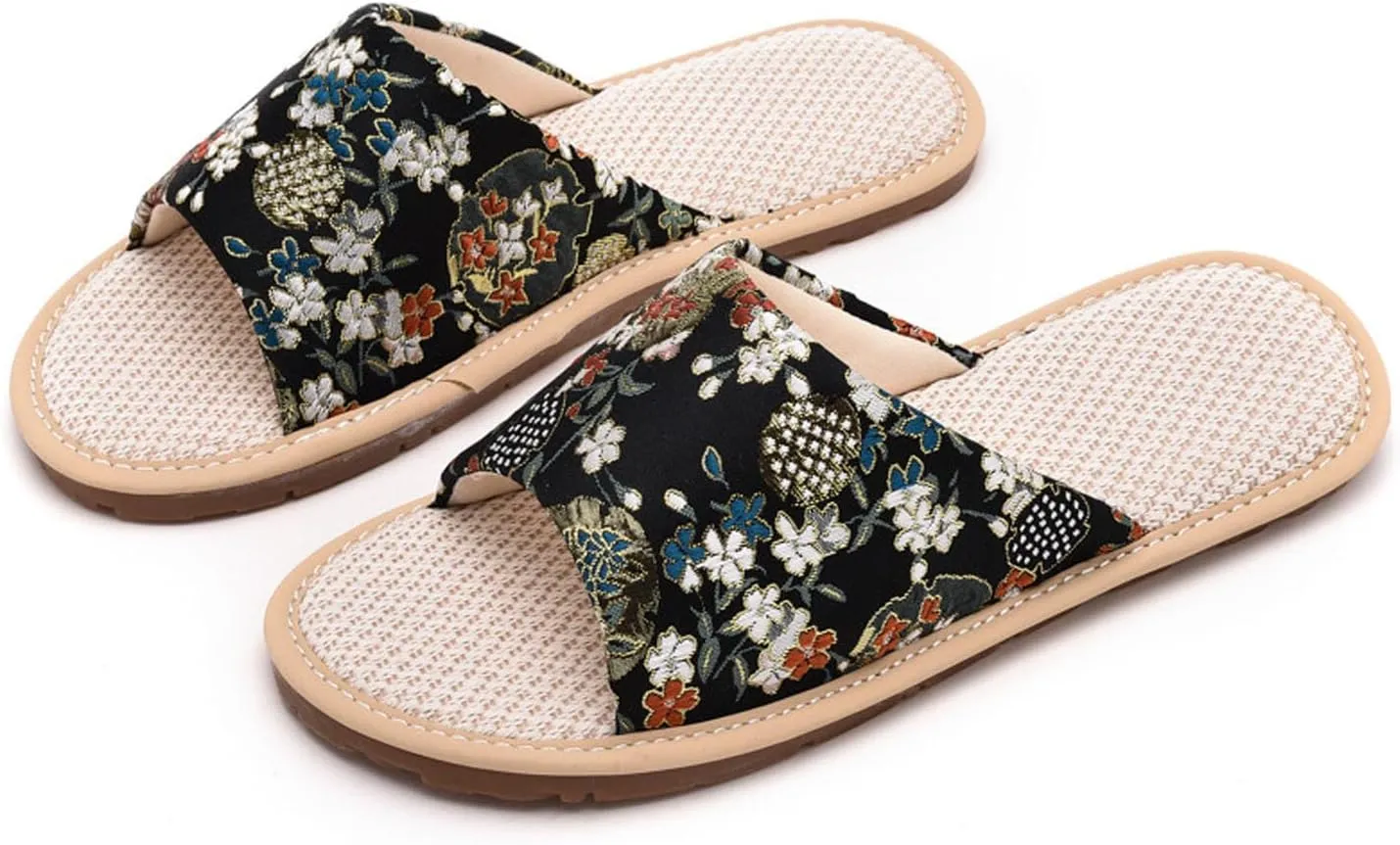 JadeRich Women Oriental Style Embroidery Open Toe Slippers Embroidered Floral Satin Upper Linen Bottom Slides