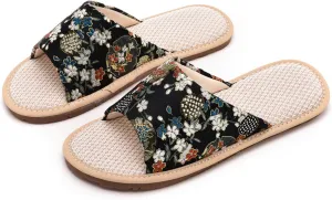 JadeRich Women Oriental Style Embroidery Open Toe Slippers Embroidered Floral Satin Upper Linen Bottom Slides