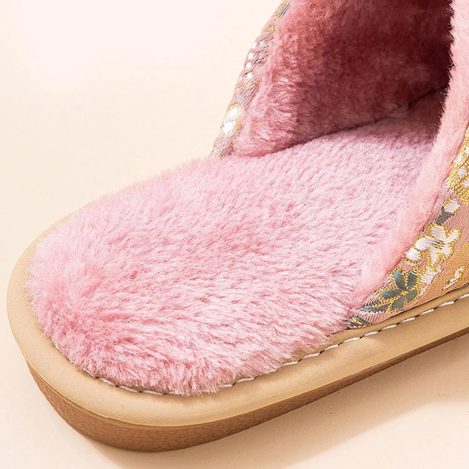 JadeRich Women Oriental Style Embroidery Slippers Embroidered Floral Satin Upper Plush Lining House Shoes