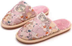 JadeRich Women Oriental Style Embroidery Slippers Embroidered Floral Satin Upper Plush Lining House Shoes