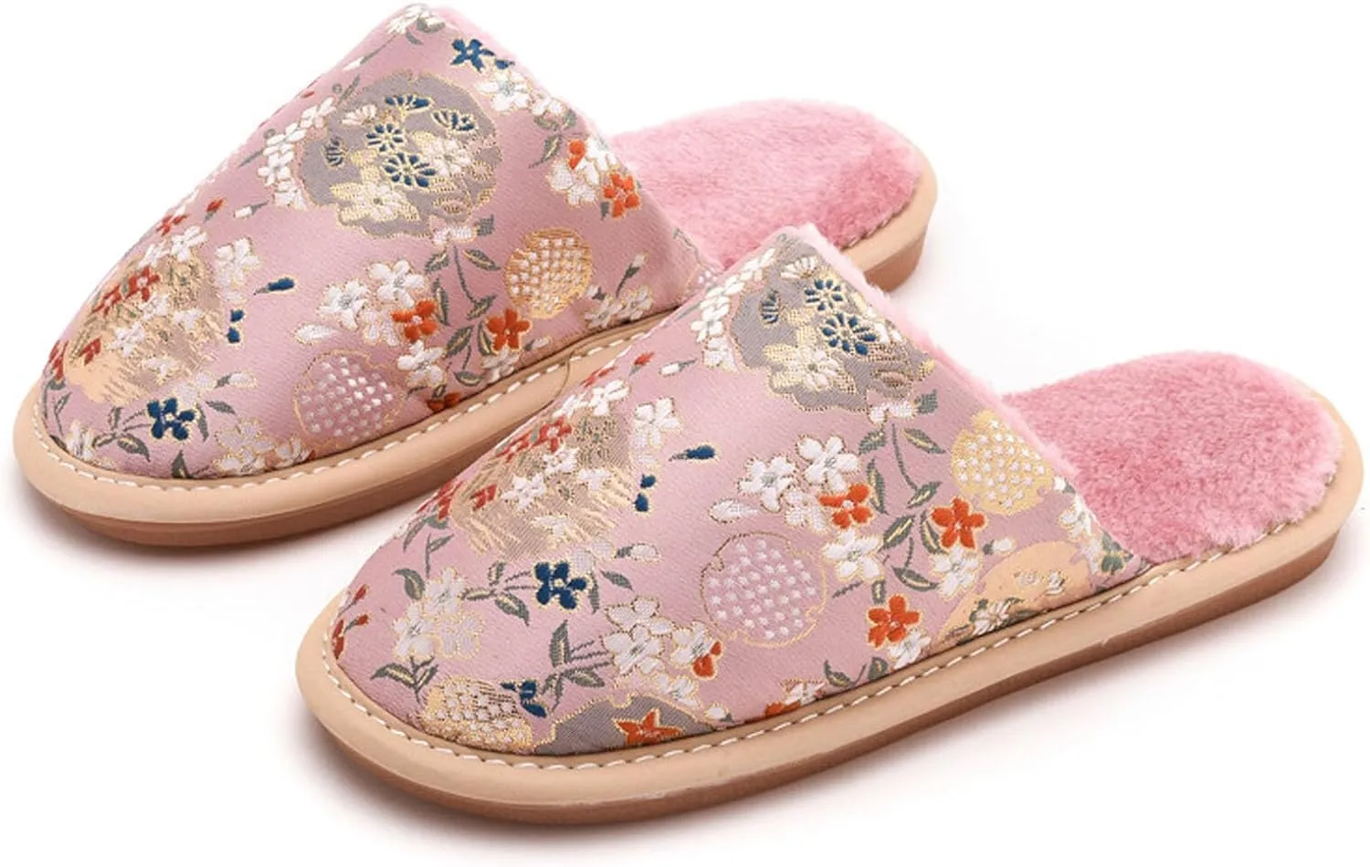 JadeRich Women Oriental Style Embroidery Slippers Embroidered Floral Satin Upper Plush Lining House Shoes