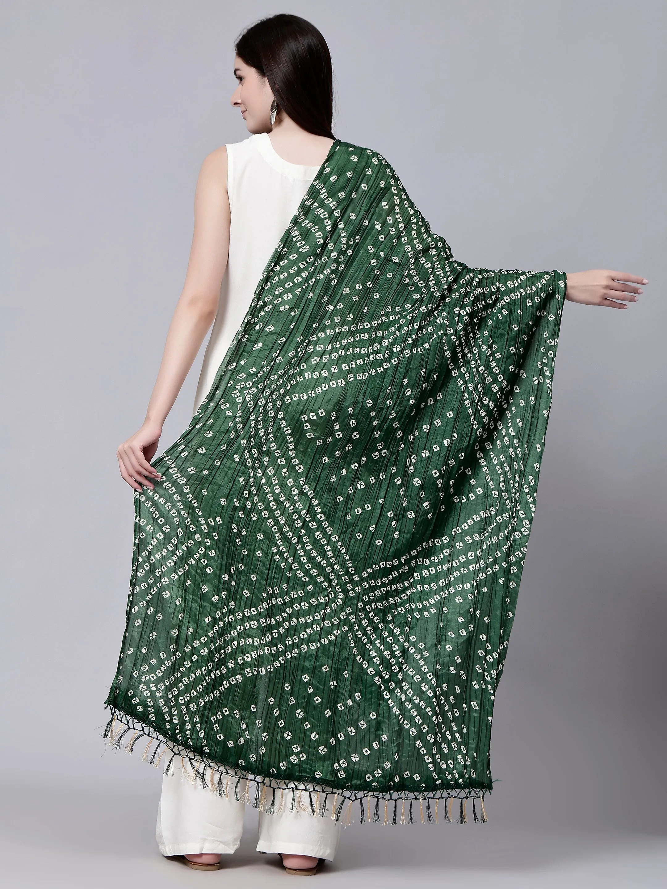 Jaipuri Green Bandhani Printed Chiffon Tie-Dye Dupatta with Tasseled Border