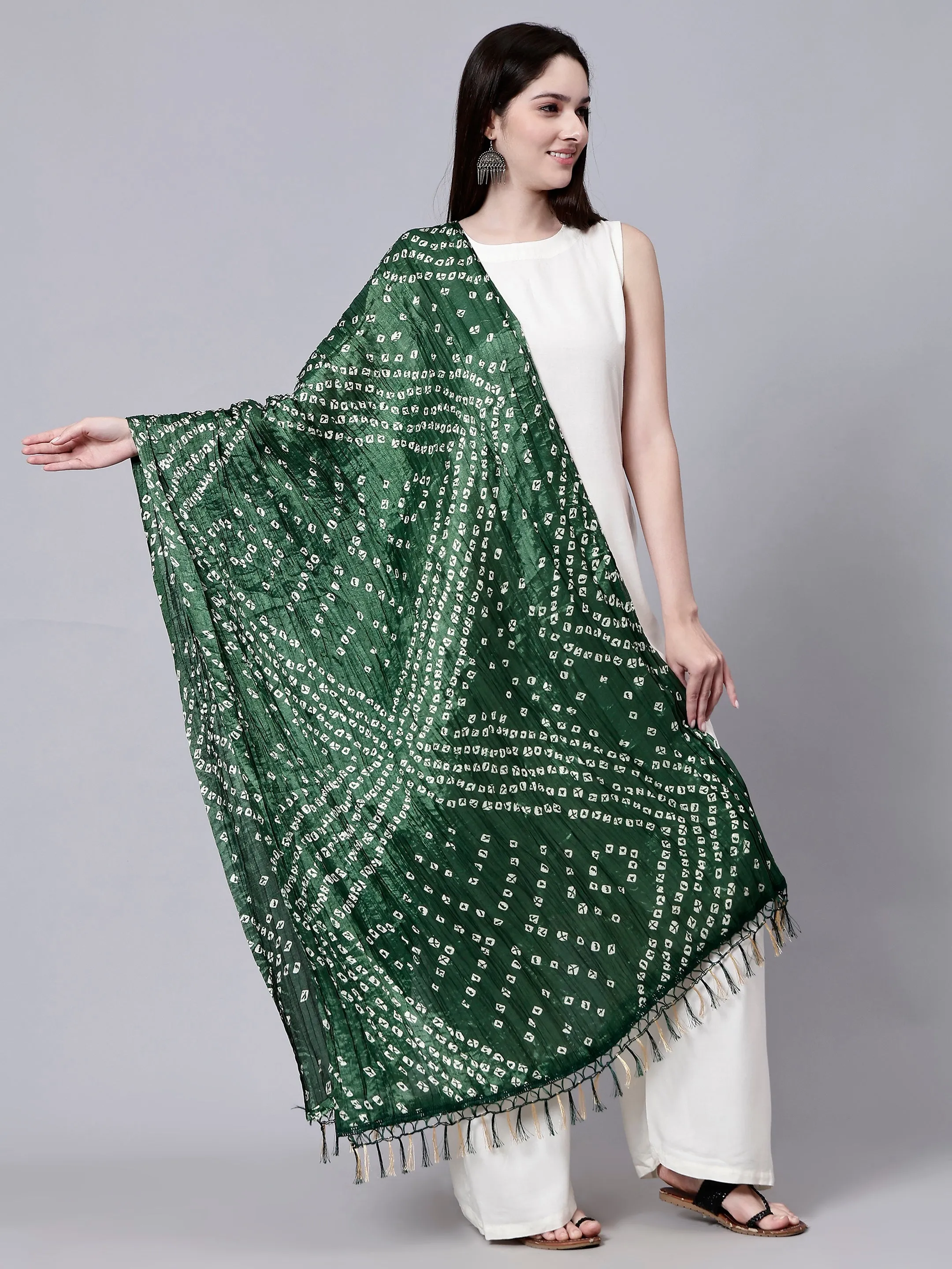 Jaipuri Green Bandhani Printed Chiffon Tie-Dye Dupatta with Tasseled Border