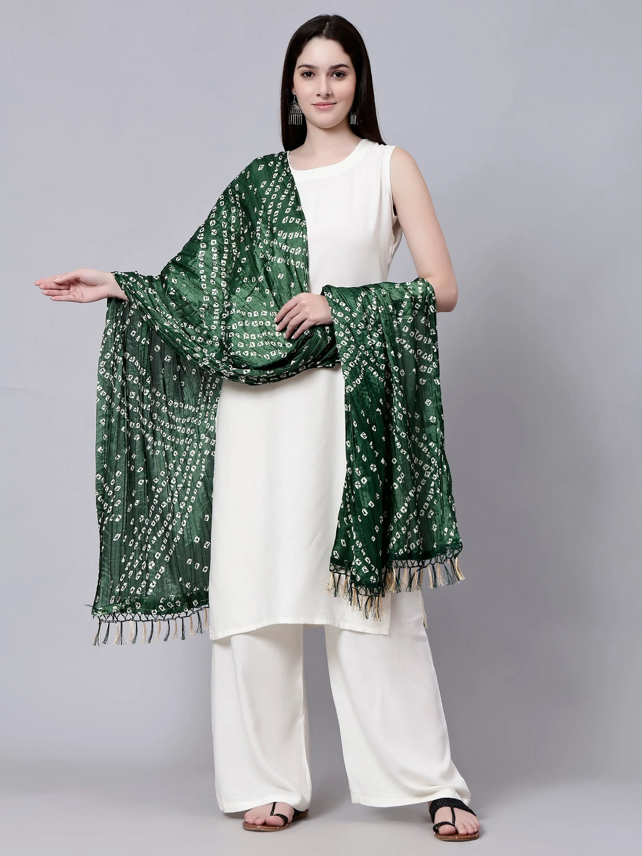 Jaipuri Green Bandhani Printed Chiffon Tie-Dye Dupatta with Tasseled Border