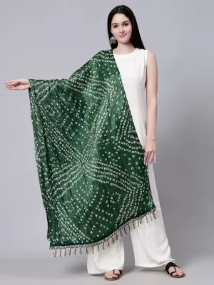 Jaipuri Green Bandhani Printed Chiffon Tie-Dye Dupatta with Tasseled Border