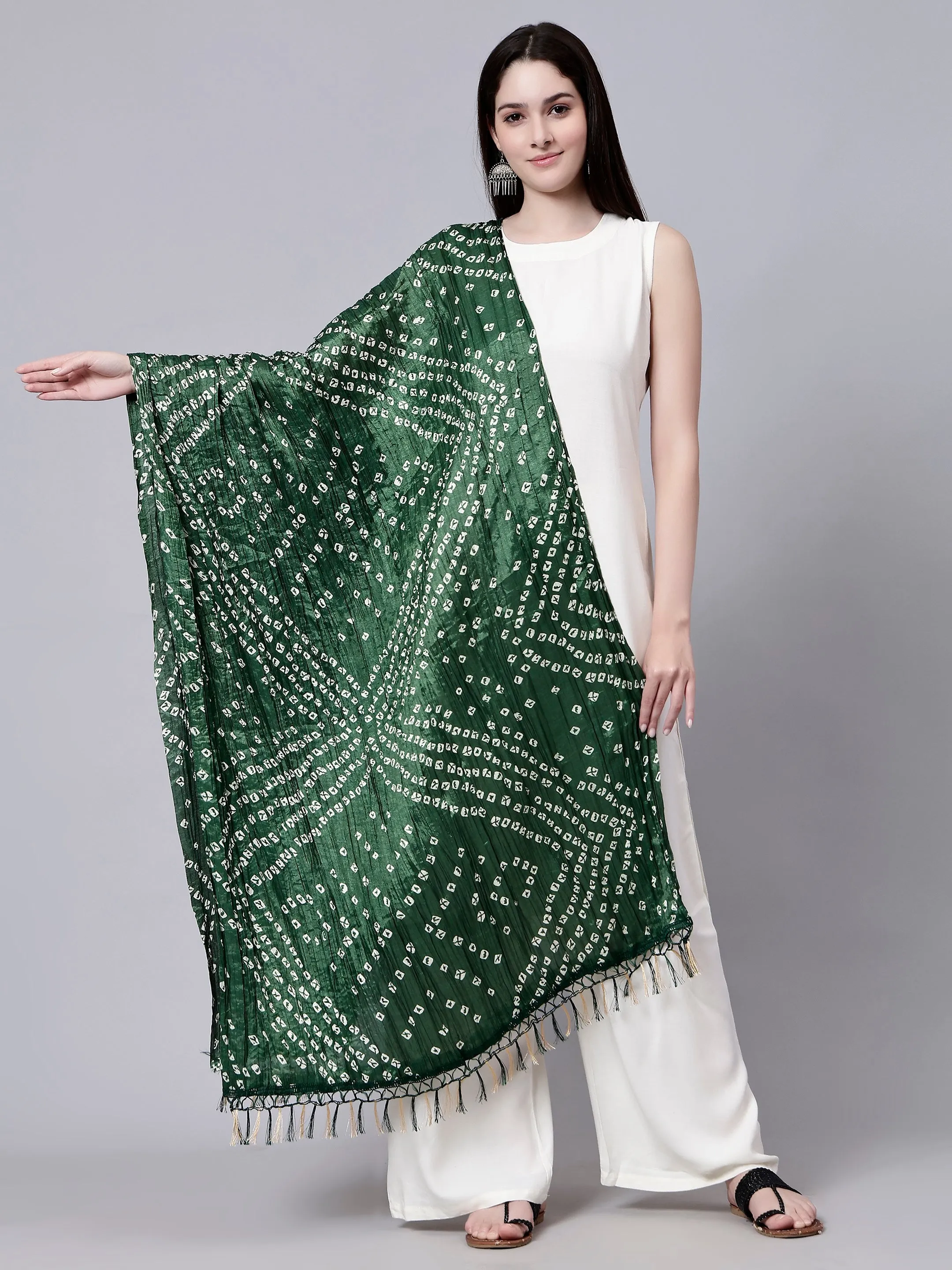 Jaipuri Green Bandhani Printed Chiffon Tie-Dye Dupatta with Tasseled Border
