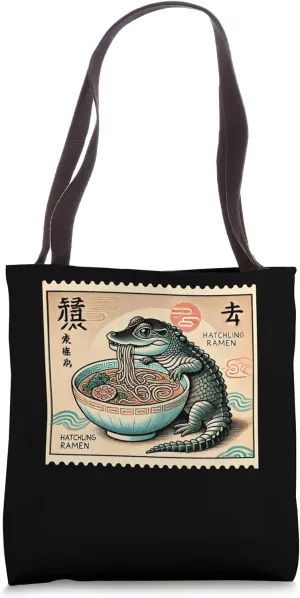 Japanese Art Postage Stamp Hatchling Crocodile Ramen Tote Bag