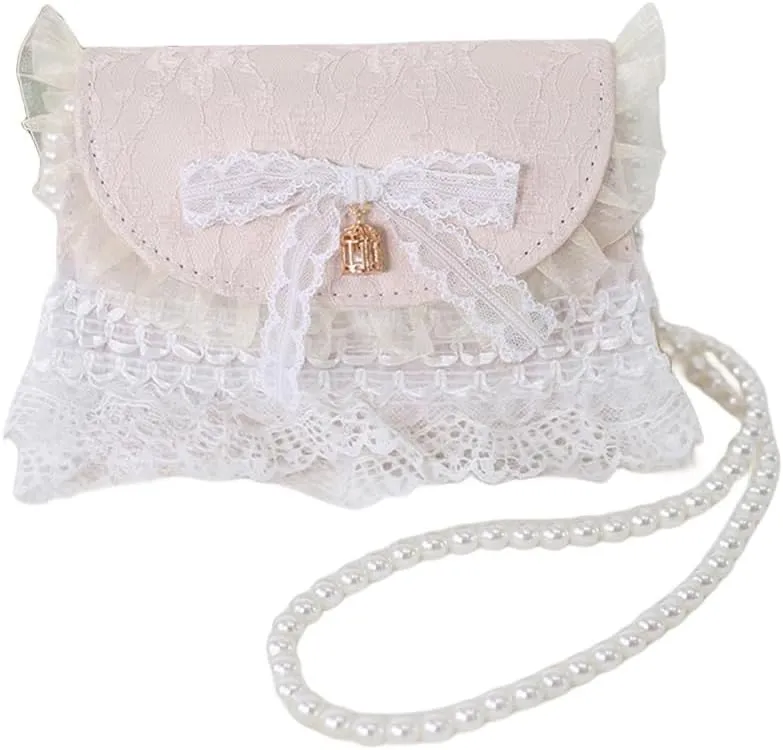 Japanese Lolita Lace Handbag Purse Kawaii Shoulder Bag Bowknot Crossbody Bag for Women Prom Party
