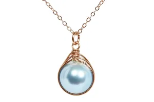 Jessica Luu Jewelry Rose Gold Light Blue Pearl Necklace Wire Wrapped Handmade