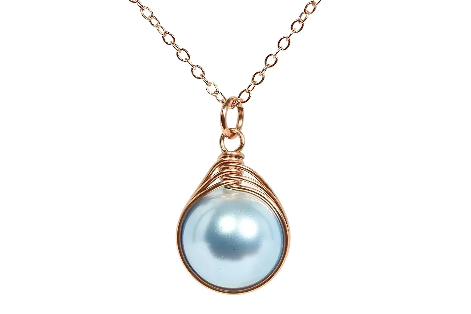 Jessica Luu Jewelry Rose Gold Light Blue Pearl Necklace Wire Wrapped Handmade