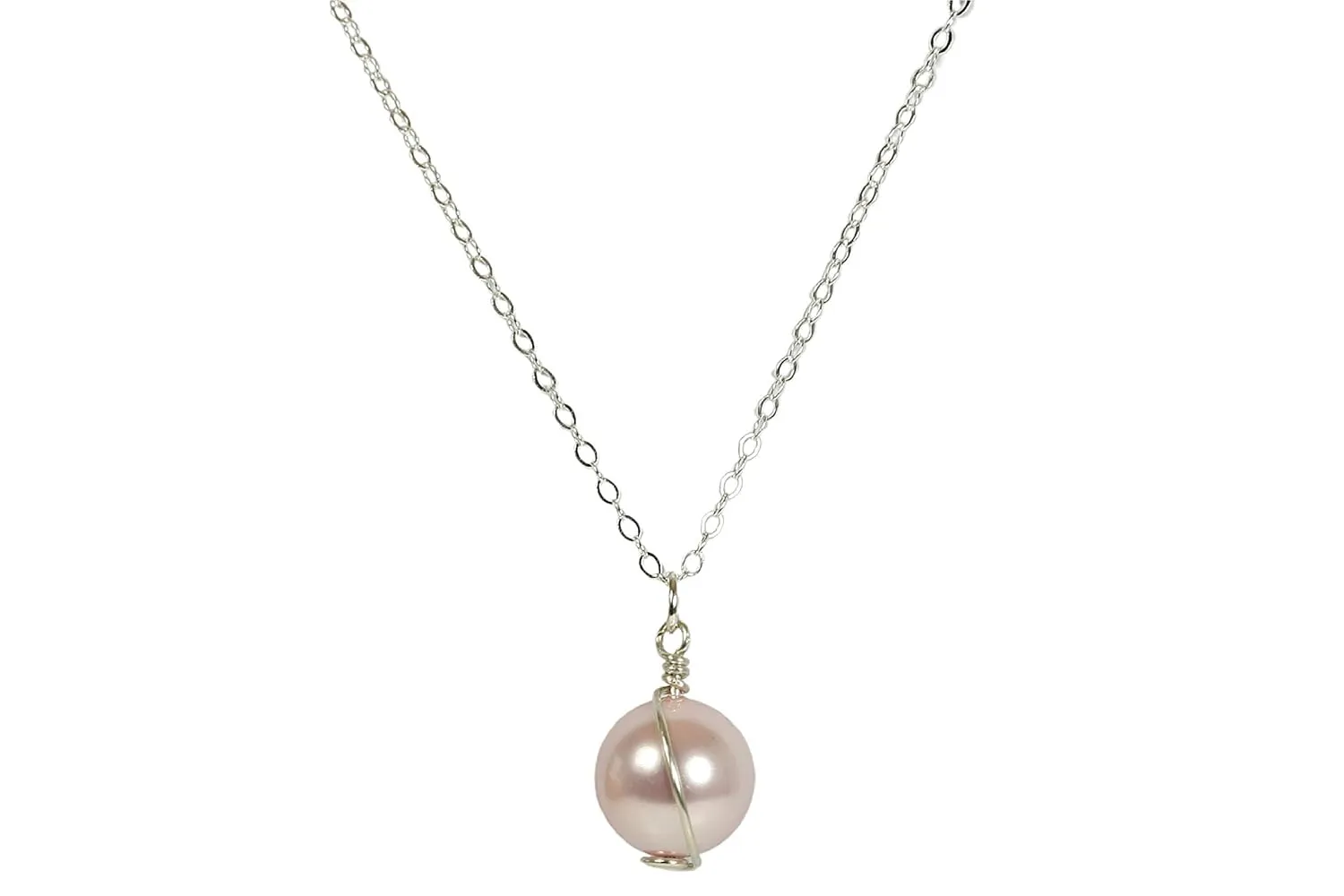 Jessica Luu Jewelry Sterling Silver Light Pink Pearl Necklace Wire Wrapped Rosaline Solitaire Handmade