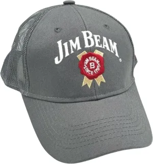 Jim Beam Mesh Trucker Hat, Gray Baseball Cap with Embroidered Logo, Adjustable Snapback