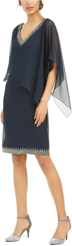 JKARA Womens Navy Stretch Embellished Sheer Overlay Lined Sleeveless V Neck Above The Knee Formal Sheath Dress 6
