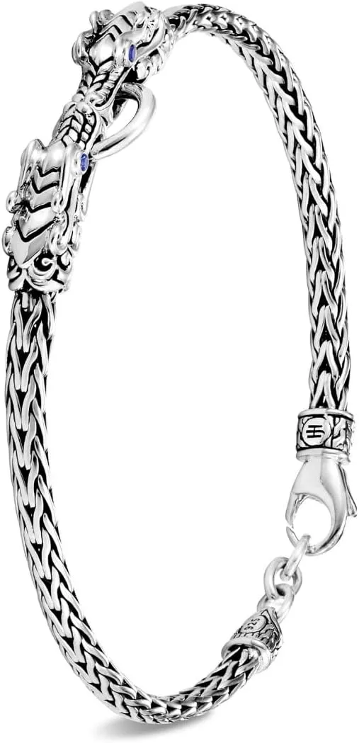 John Hardy Legends Collection Naga Bracelet, 3.5MM 925-Sterling Silver Double Naga-Head with Blue Sapphire Eyes Wrist Bracelet with Cobra Chain and Lobster Claw Clasp