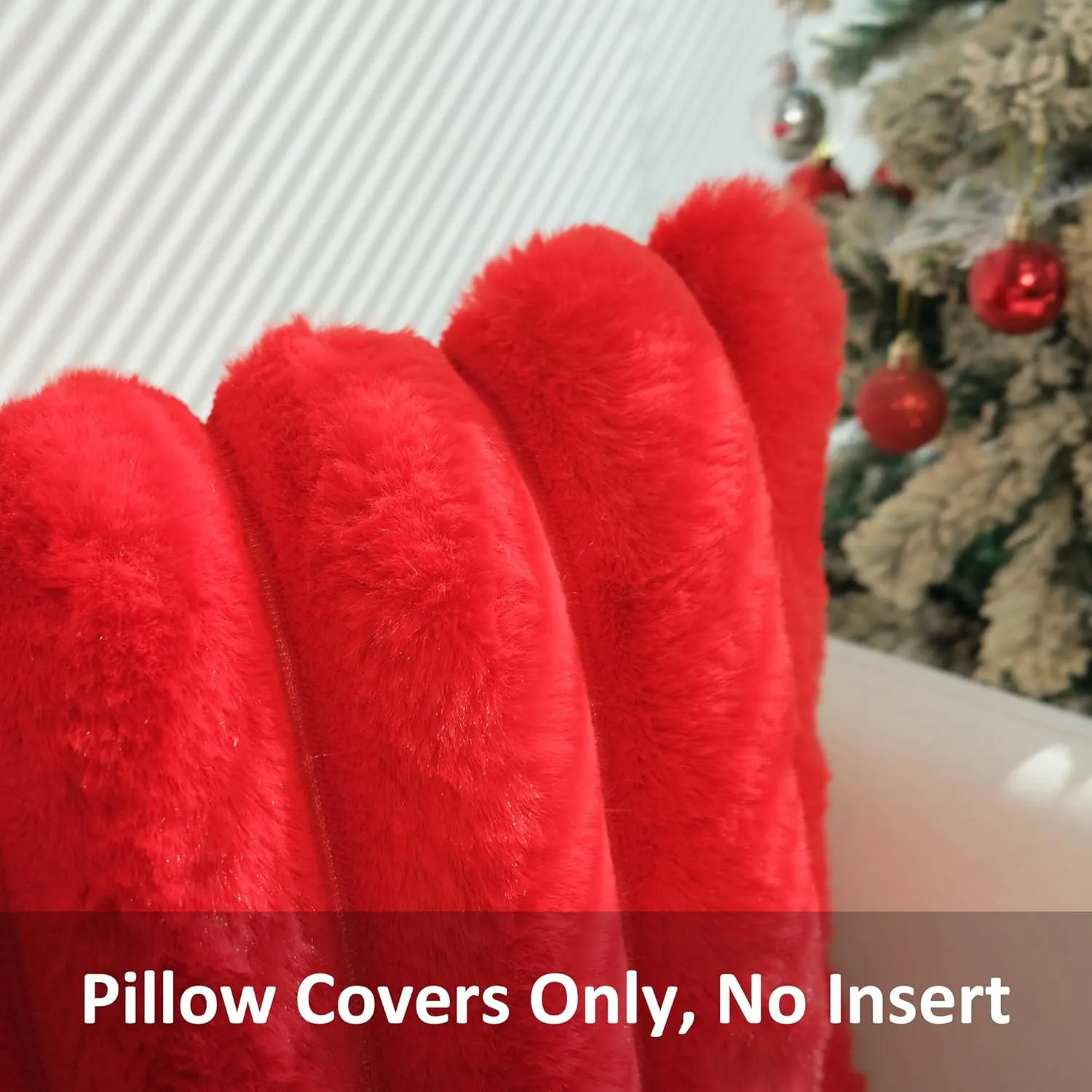 JOJUSIS Pack of 2 Faux Fur Plush Decorative Christmas Red Throw Pillow Covers Couch Cushion Case Soft Fluffy Pillowcases Wide Stripe (Red, 18 x 18 Inch)