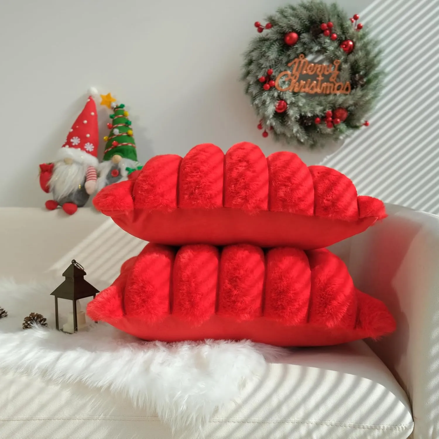 JOJUSIS Pack of 2 Faux Fur Plush Decorative Christmas Red Throw Pillow Covers Couch Cushion Case Soft Fluffy Pillowcases Wide Stripe (Red, 18 x 18 Inch)