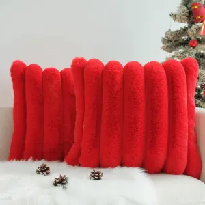 JOJUSIS Pack of 2 Faux Fur Plush Decorative Christmas Red Throw Pillow Covers Couch Cushion Case Soft Fluffy Pillowcases Wide Stripe (Red, 18 x 18 Inch)
