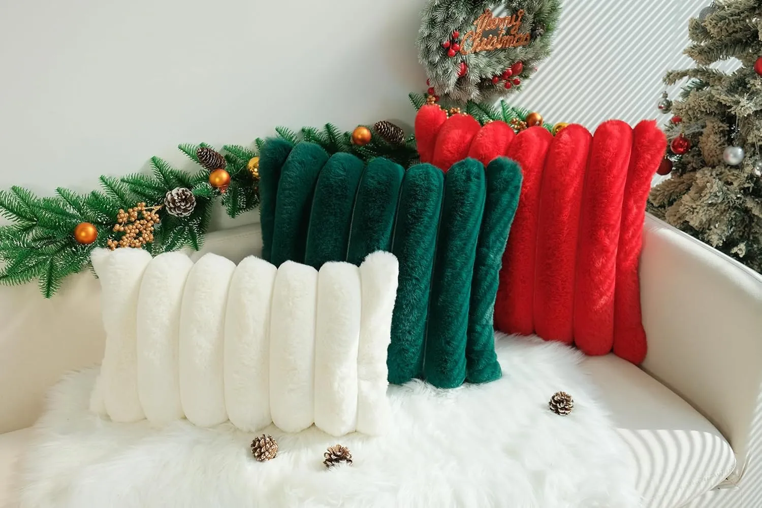 JOJUSIS Pack of 2 Faux Fur Plush Decorative Christmas Red Throw Pillow Covers Couch Cushion Case Soft Fluffy Pillowcases Wide Stripe (Red, 18 x 18 Inch)