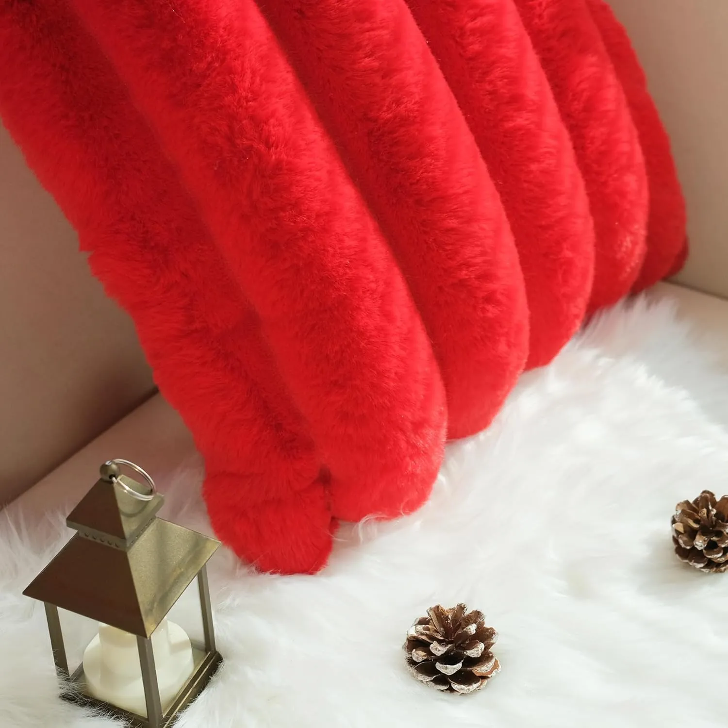 JOJUSIS Pack of 2 Faux Fur Plush Decorative Christmas Red Throw Pillow Covers Couch Cushion Case Soft Fluffy Pillowcases Wide Stripe (Red, 18 x 18 Inch)